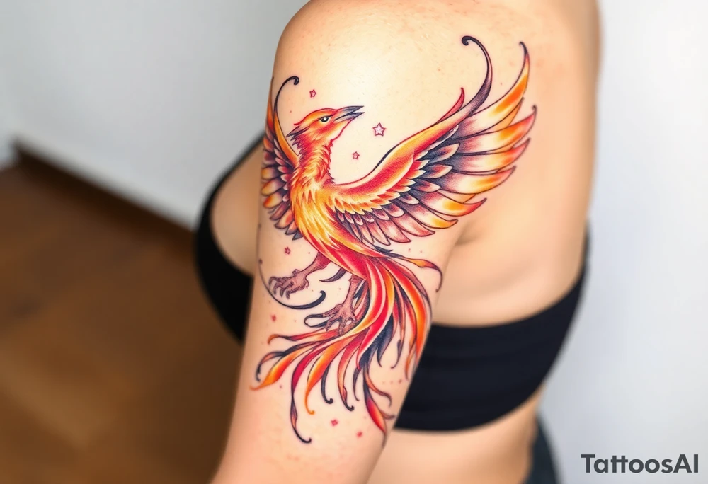 magnificent but feminine phoenix rising  flames with trailing embers tattoo idea