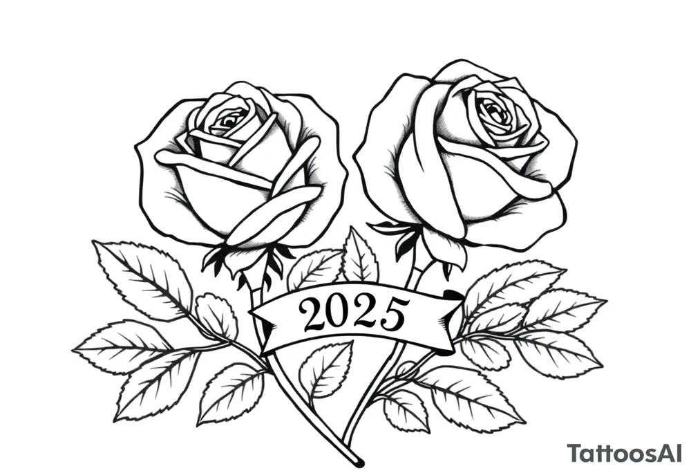 two beautiful large rose buds, one larger than the other, with many leaves next to the rose buds, with one sitting higher than the other. Include a banner connecting the two roses with the year "2025" on it.   Use dark outlines with little shading. The two stems should be short, not long, and connect and join into one stem, whimsically curved or twisted - not straight down. tattoo idea