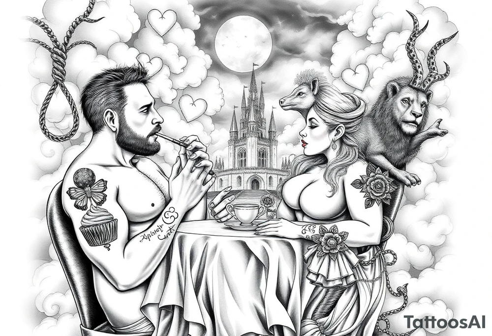 Mystical Naked Man and woman having sex eating cupcakes and  fruit  having sex clouds gothic sexy naked fat lady having a tea party with tea pot with fancy castle  
with a pigs, peacock, noose, lion, goat, smoking cigerettes looking in the mirror thru storm clouds with razor blades and broken hearts and darkness and wrath, envy , gluttony, greed, sloth, pride kill tattoo idea
