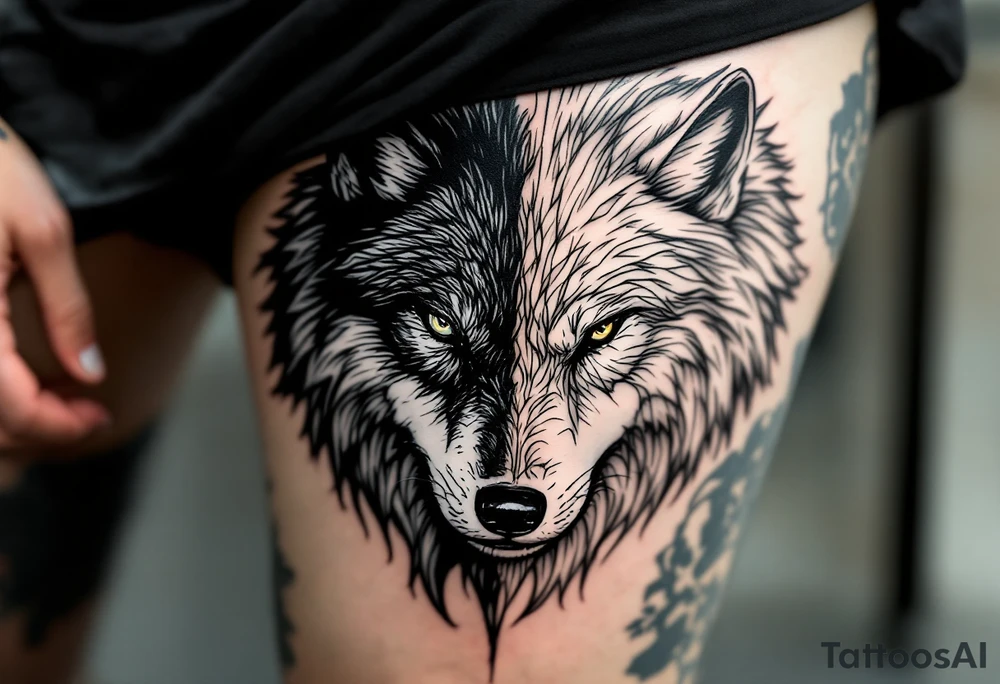 Black wolf and a white wolf side by side tattoo idea