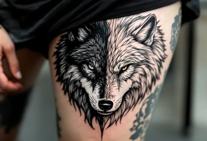 Black wolf and a white wolf side by side tattoo idea