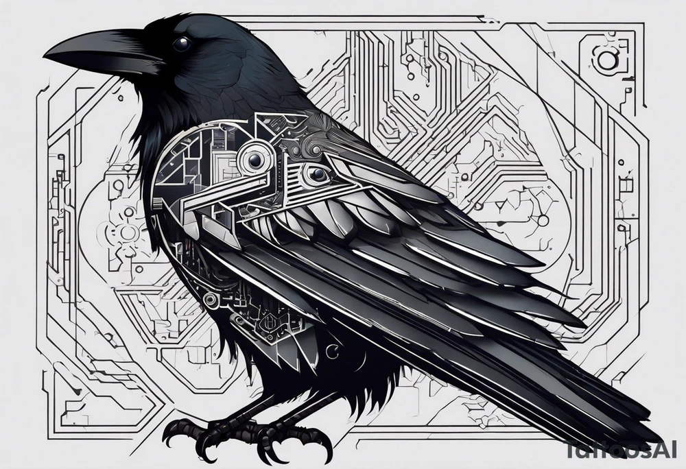 An epic-looking crow sitting on a perch with intricate circuit boards and PCB designs running throughout its feathers. The crow's eye features a tiny CPU fitting perfectly in its pupil. The tattoo will be placed on the outer bicep, primarily in black ink with a small splash of color to make certain elements pop. tattoo idea