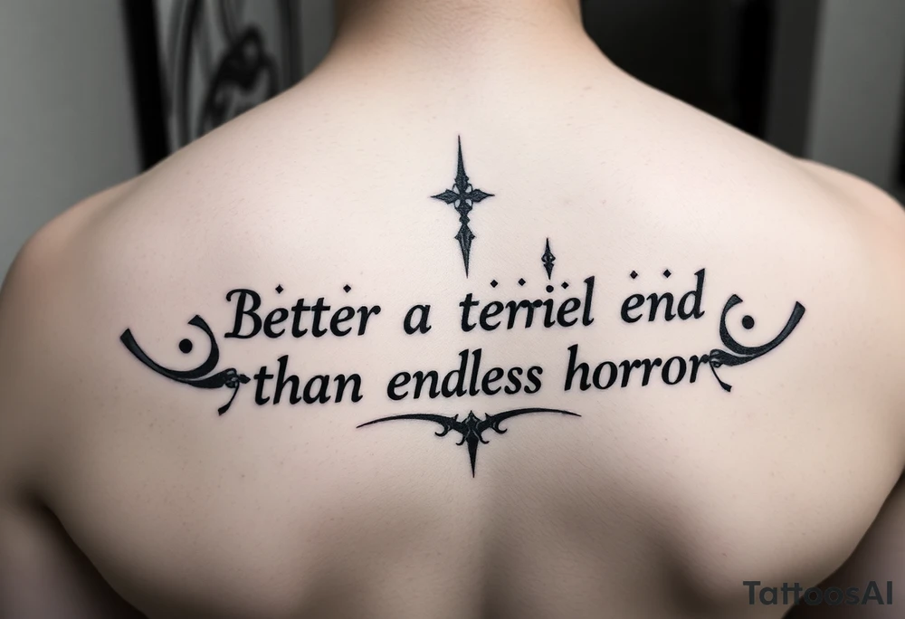 arabic style tattoo with the inscription better a terrible end than endless horror tattoo idea