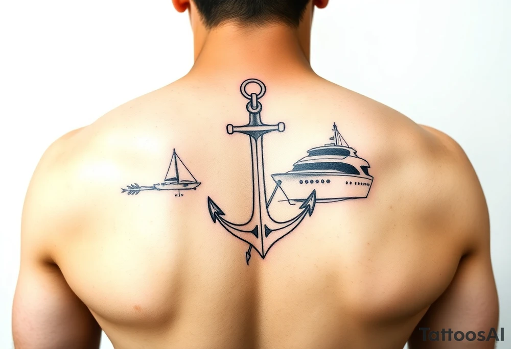 bold man with anchor and yacht
put on arm tattoo idea