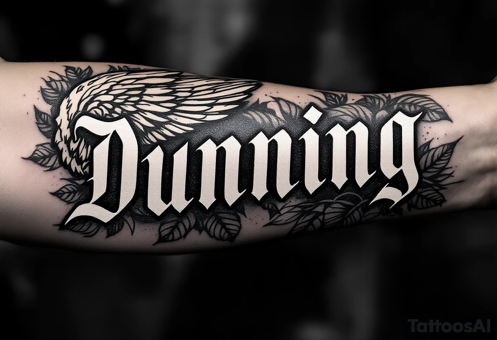 Dunning, Details include on left arm, name in white color,angel wing, wet jungle leaves,cool font, galaxy background filling, tattoo idea
