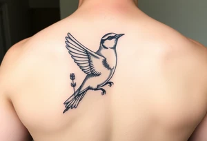 neotraditional sparrow flying with a twig of lavender in the claw tattoo idea