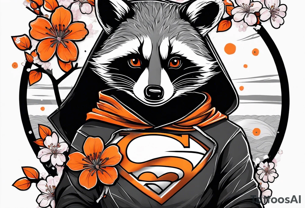 Raccoon wearing a white Superman logo on a black hoodie and orange Japanese cherry blossoms beside tattoo idea