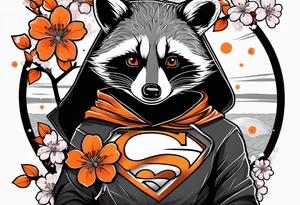 Raccoon wearing a white Superman logo on a black hoodie and orange Japanese cherry blossoms beside tattoo idea