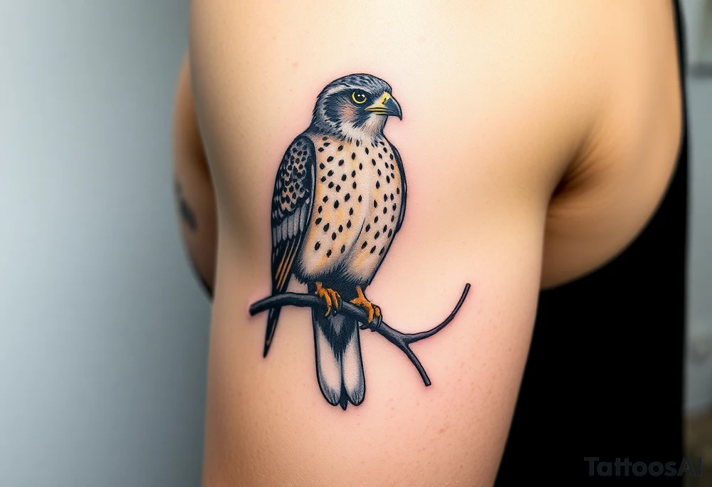 European kestrel sitting on a branch tattoo idea