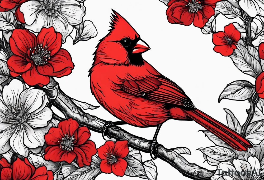 Trees, flowers, red cardinal, representing growth from grief tattoo idea