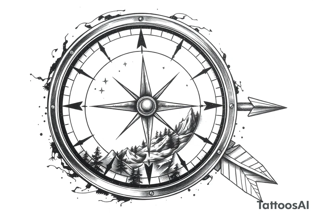 a compass,stars,landscape,an arrow. tattoo idea