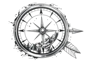 a compass,stars,landscape,an arrow. tattoo idea