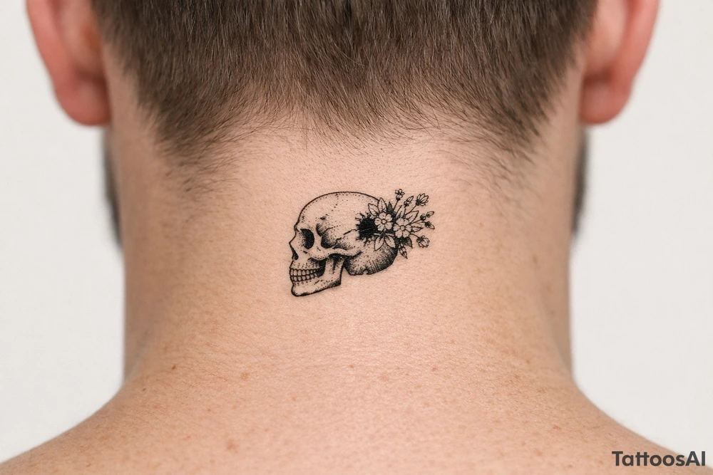 Human skull, side profile, bullet hole with wildflowers spilling from the back, realism. tattoo idea