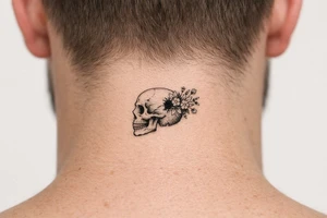 Human skull, side profile, bullet hole with wildflowers spilling from the back, realism. tattoo idea