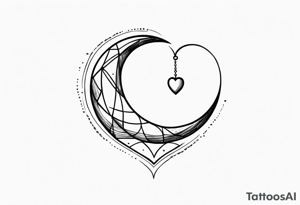 Crescent moon with a love heart inside it and 4 hearts dangling from it tattoo idea
