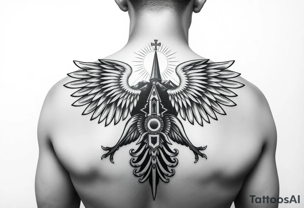 russian coat of arms with the eagles wings spanning out on my back neck across my shoulders / traps with a orthodox christian church being visible in a mountainous sun beaming setting, with the russian orthodox cross spire of the orthodox church being visible on my neck with a sun beaming in the background that the cross sits inside tattoo idea