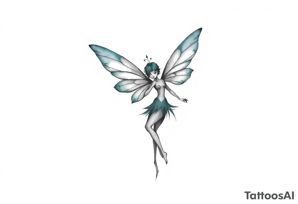A minimalist fairy tattoo that represents a shattered and betrayed gemini woman who fought hard throughout this year. With colors blue and black. Make it unique and rare. Without leaves and stem. tattoo idea