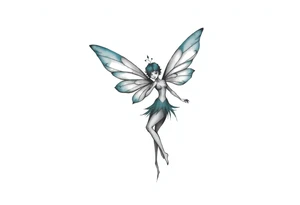 A minimalist fairy tattoo that represents a shattered and betrayed gemini woman who fought hard throughout this year. With colors blue and black. Make it unique and rare. Without leaves and stem. tattoo idea