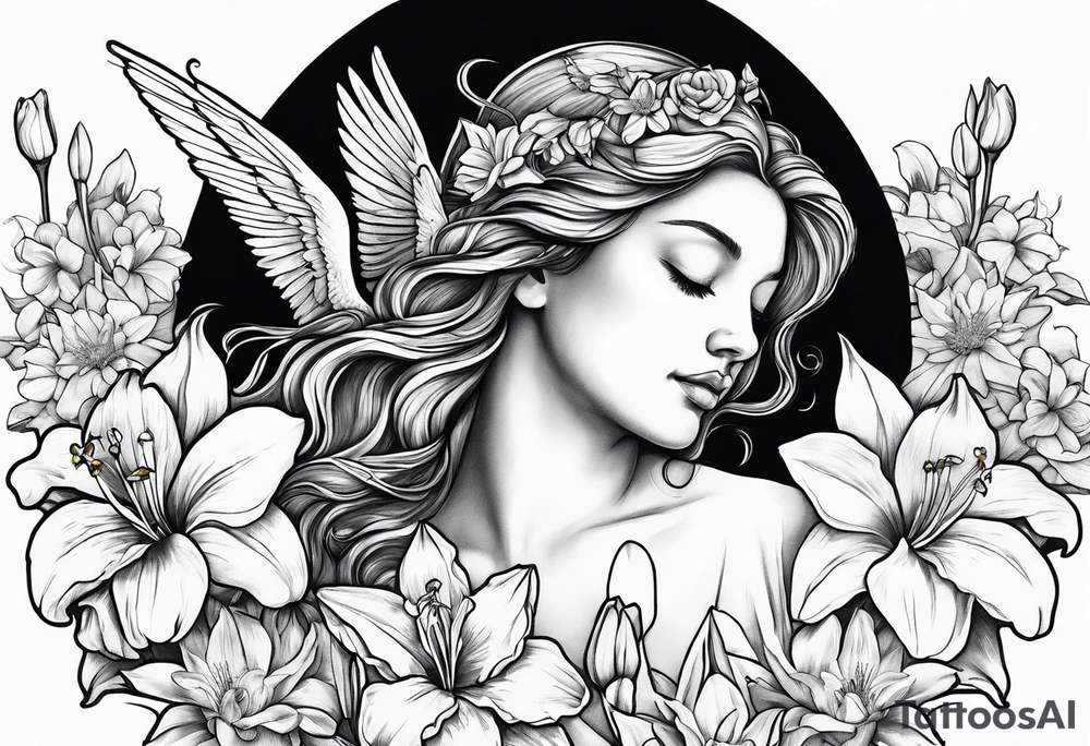 crying angel surrounded by lily, daffodil, rose, daisy, narcissus with a hummingbird tattoo idea