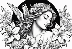 crying angel surrounded by lily, daffodil, rose, daisy, narcissus with a hummingbird tattoo idea