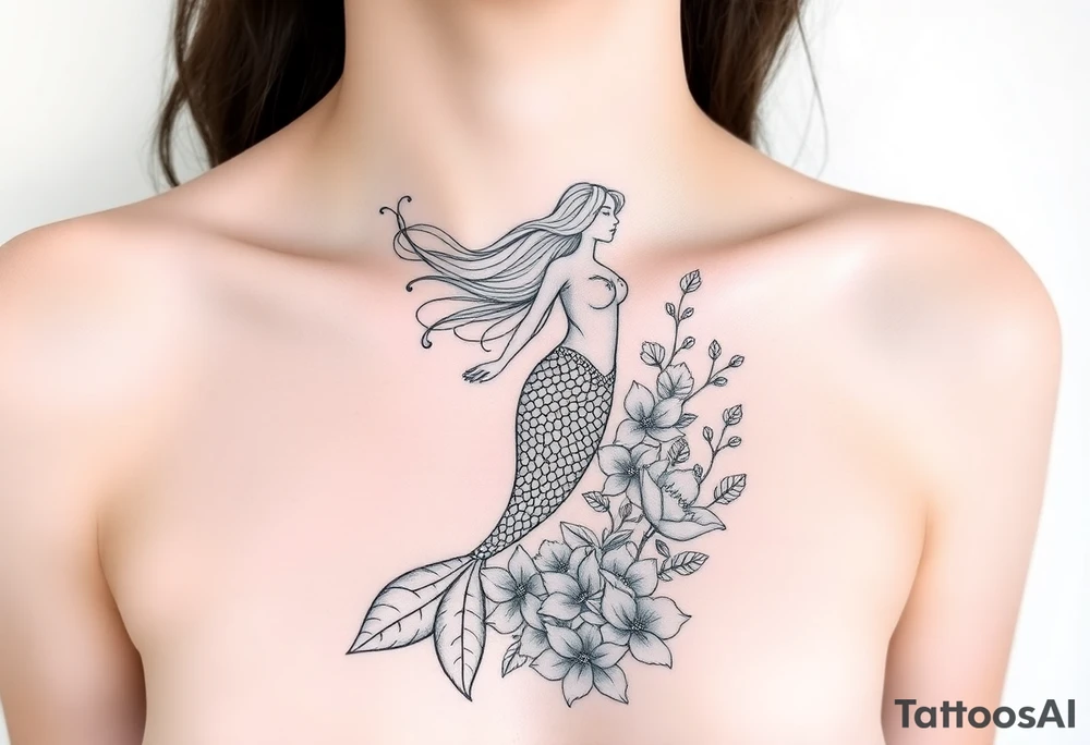 ethereal mermaid with flowing hair among coral and sea flowers tattoo idea