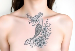 ethereal mermaid with flowing hair among coral and sea flowers tattoo idea