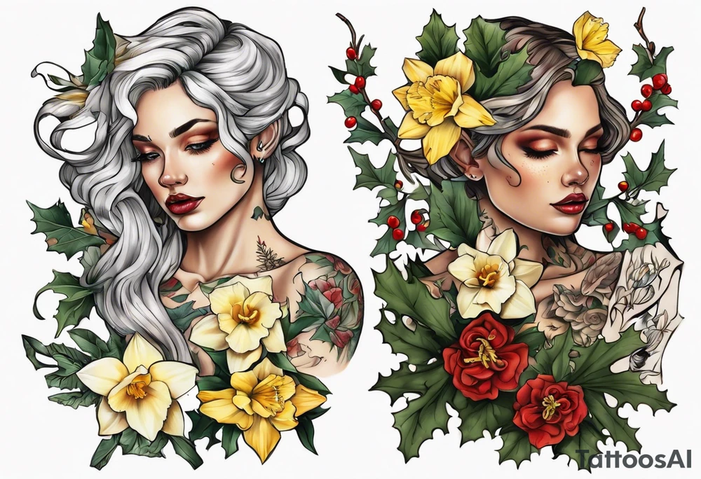 OAKLEE with Narcissus and holly flowers tattoo idea