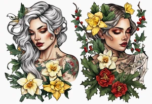 OAKLEE with Narcissus and holly flowers tattoo idea