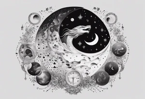 Snake wrapping around the moon phases and hades and persphone constellations with wind and snow blowing around it tattoo idea