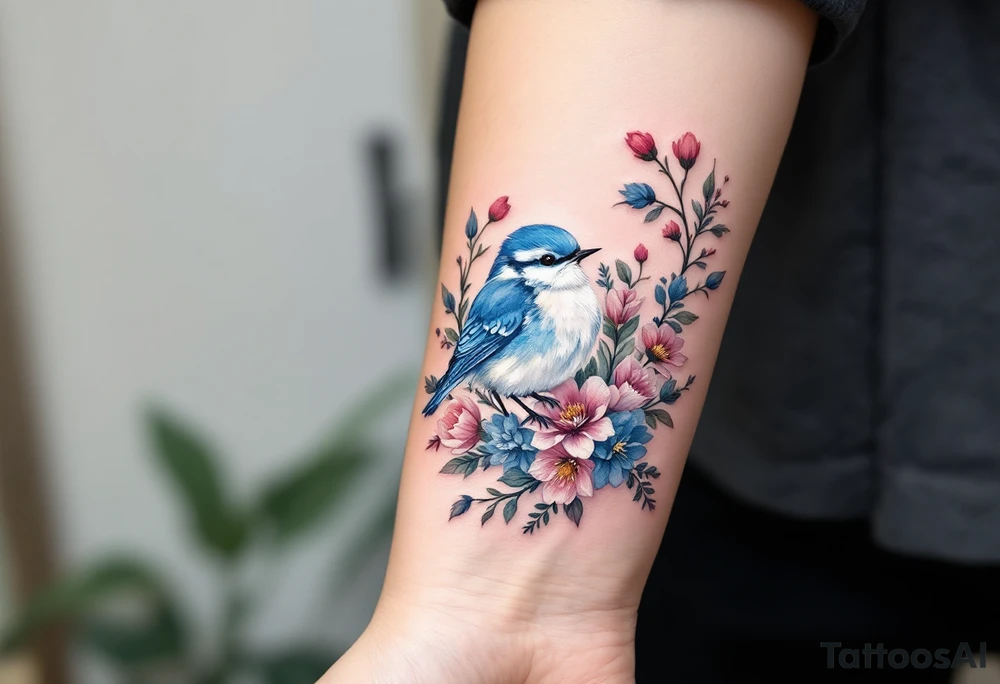 Puffy bluebird surrounded by wild flowers tattoo idea