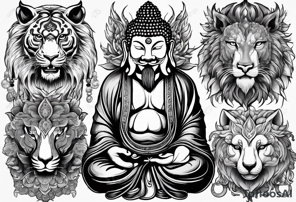 a set of sketches of animals on a Buddhist theme, without people. Realistic drawings tattoo idea