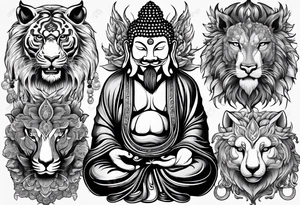 a set of sketches of animals on a Buddhist theme, without people. Realistic drawings tattoo idea