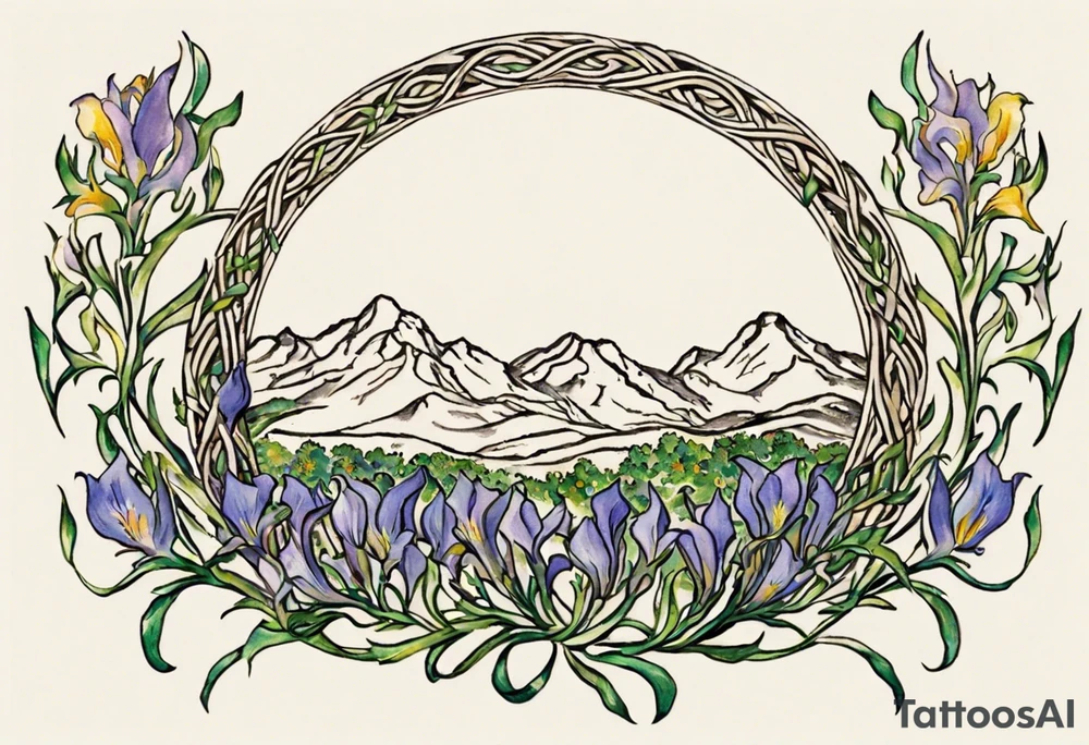 Create a small colorful Vincent van Gogh Irises tattoo in the form of a crescent, with vines or Celtic knots gracefully intertwining at a central point in the middle of the wreath.  In the middle of the wreath are mountains and other items found in New Mexico. Ensure that the design avoids the appearance of a bush and maintains a more structured and deliberate arrangement. The intended placement is on the upper chest. The overall design should be small in size while maintaining a delicate and artistic aesthetic. Pay attention to the graceful flow of the vines and the placement of the irises to achieve a refined and elegant look. tattoo idea