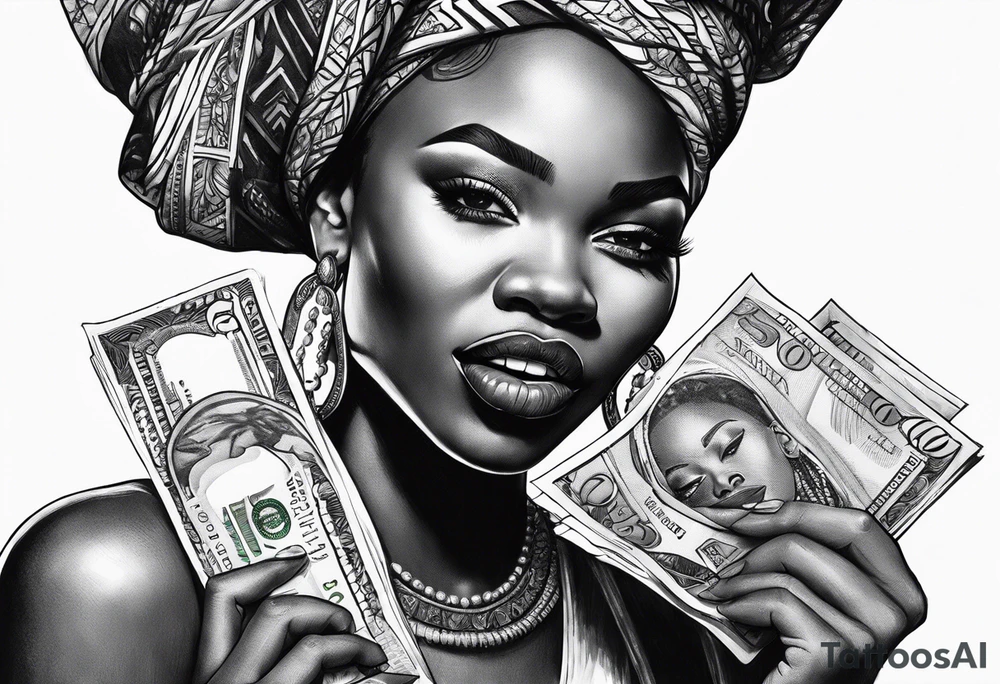 african woman biting money tattoo idea