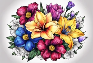 flower bouquet with 1 purple Violet flower, 1 yellow Daffodil flower , 1 blue Gladiolus flower, 1 red Poppy flower, 1 pink Cosmos flower tattoo idea
