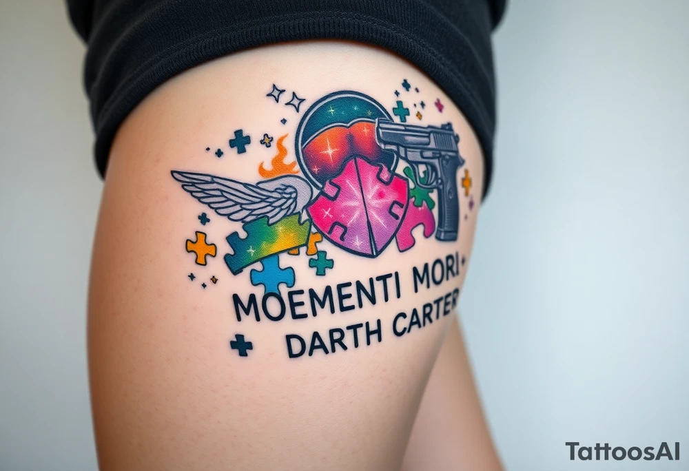 colorful futuristic memory tattoo for passed boyfriend;, star wars, Harley Davidson, skateboarding, puzzle pieces, video games, heaven, god, outdoors, beretta 9mm gun, words MEMENTO MORI & DARTH CARTER tattoo idea
