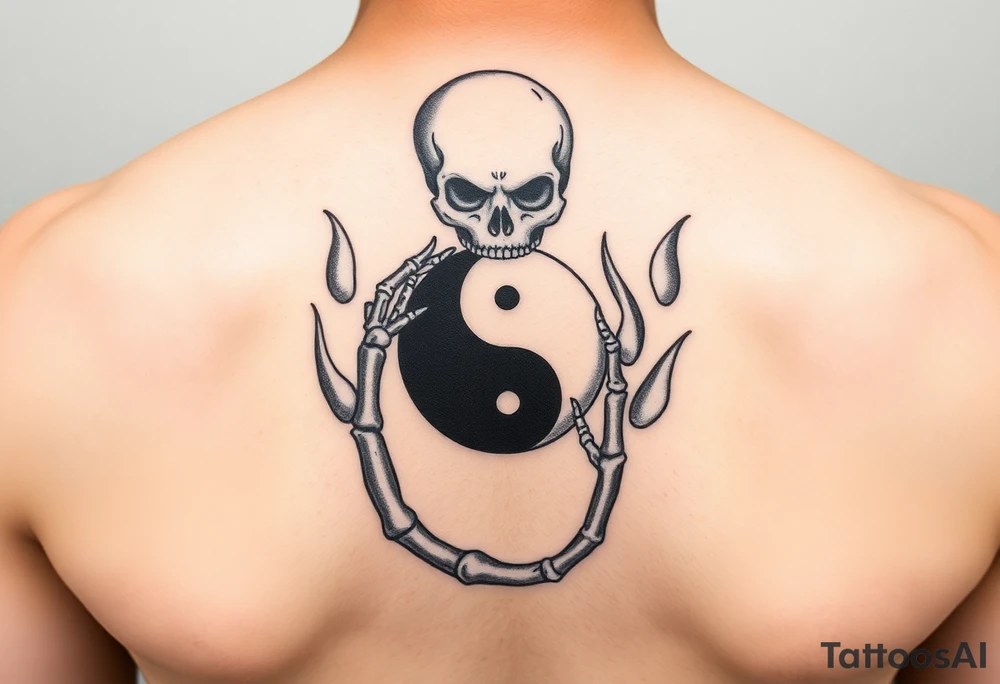 female skeleton surround by subtle flames holding the black half of the yin yang in her hand tattoo idea