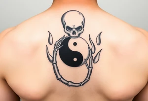 female skeleton surround by subtle flames holding the black half of the yin yang in her hand tattoo idea