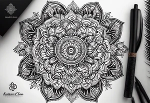 Full arm mandala henna female tattoo with mushroom henna at shoulder tattoo idea