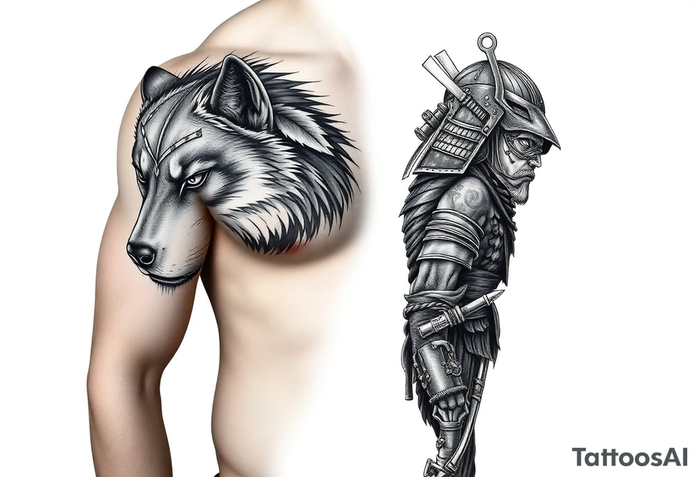 Arm Tattoo.

Hyper realistic Wolf, Samurai, with additional complexity tattoo idea