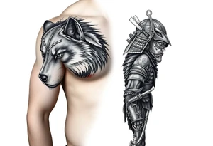 Arm Tattoo.

Hyper realistic Wolf, Samurai, with additional complexity tattoo idea