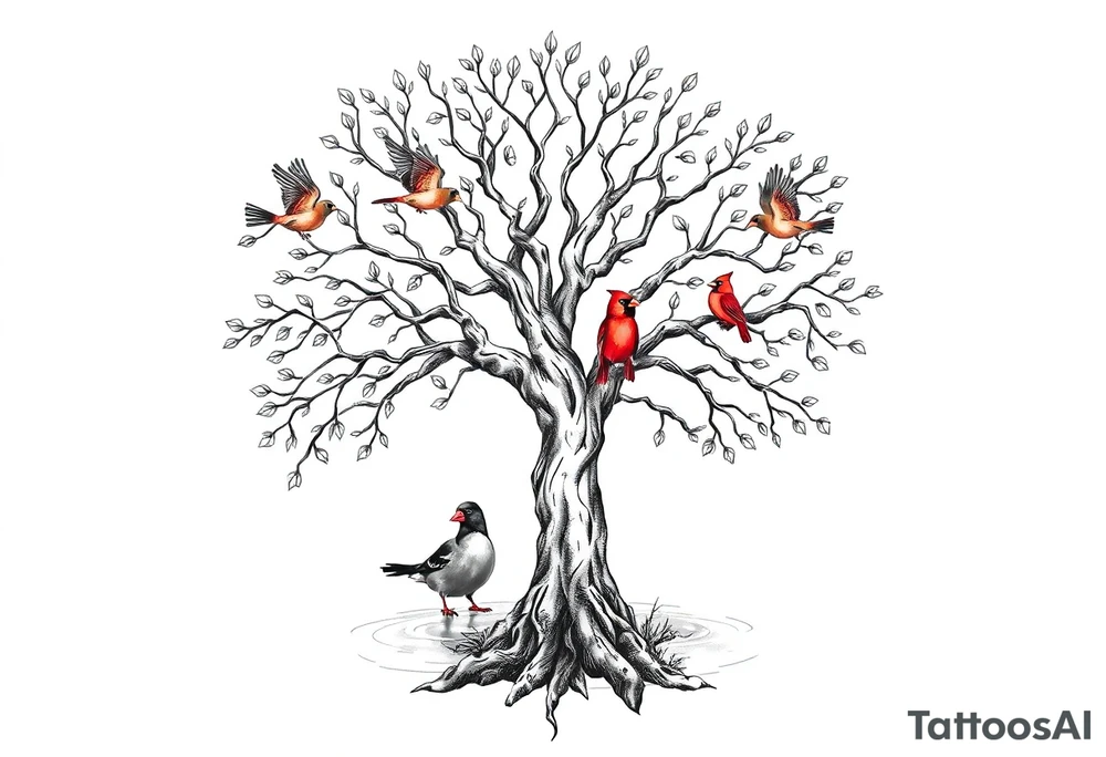 Tree of life with five birds flying out of the tree and  two red cardinals sitting on the tree and a duck in a pond tattoo idea