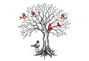 Tree of life with five birds flying out of the tree and  two red cardinals sitting on the tree and a duck in a pond tattoo idea