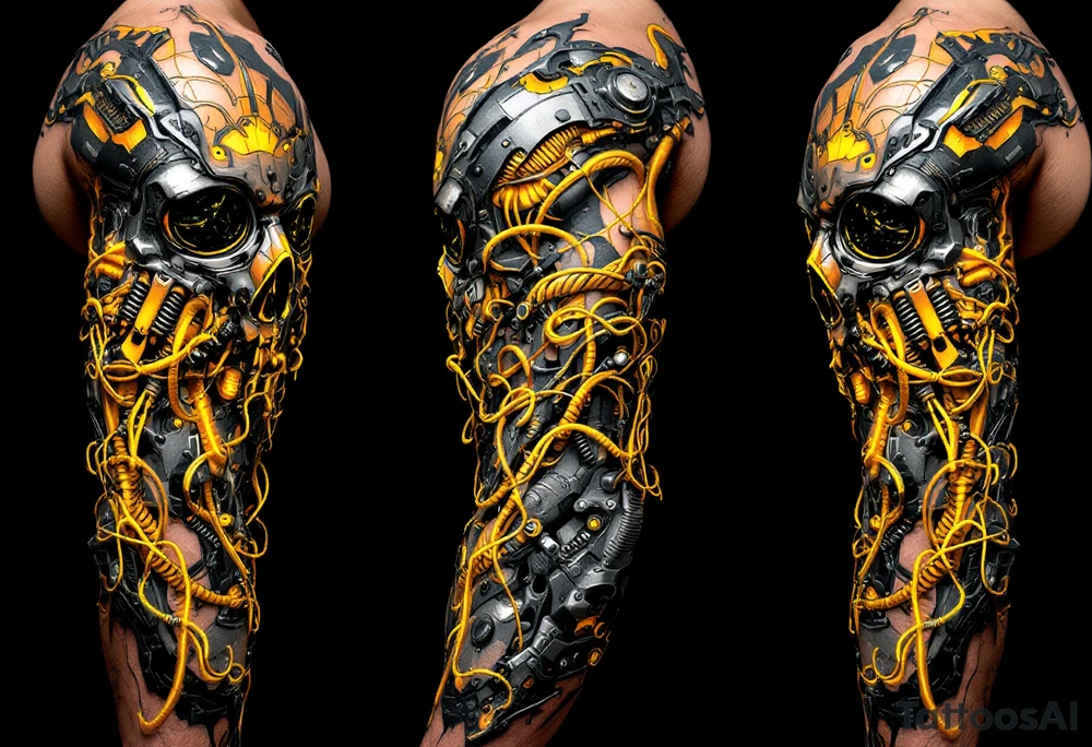 A biomechanical fusion tattoo where the skin peels back to reveal slick chrome and glowing yellow wires. tattoo idea
