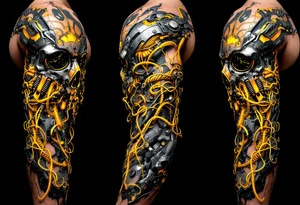 A biomechanical fusion tattoo where the skin peels back to reveal slick chrome and glowing yellow wires. tattoo idea