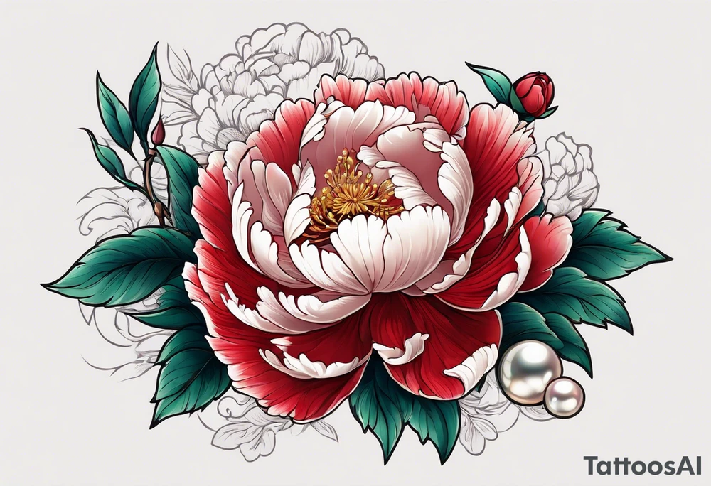 Red peony with dangling pearl necklace and rabbit tattoo idea
