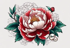 Red peony with dangling pearl necklace and rabbit tattoo idea
