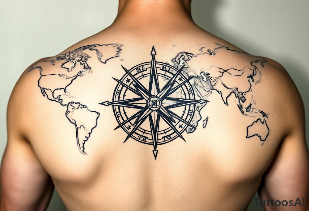 antique compass rose overlaid on weathered world map with sailing ships tattoo idea