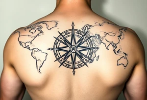 antique compass rose overlaid on weathered world map with sailing ships tattoo idea