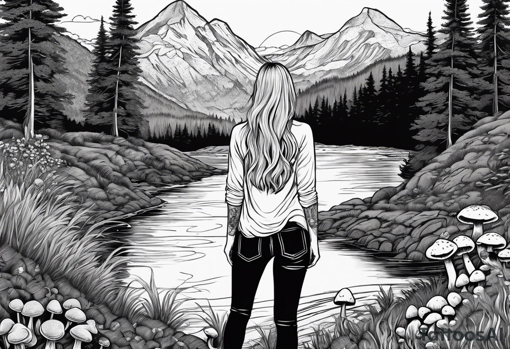 Whole picture encircled fully

Straight long blonde hair hippie girl in distance holding mushrooms in hand facing away toward mountains and creek surrounded by mushrooms long sleeve shirt and hiking pants; whole rendering within a full circle, no cut off circle tattoo idea